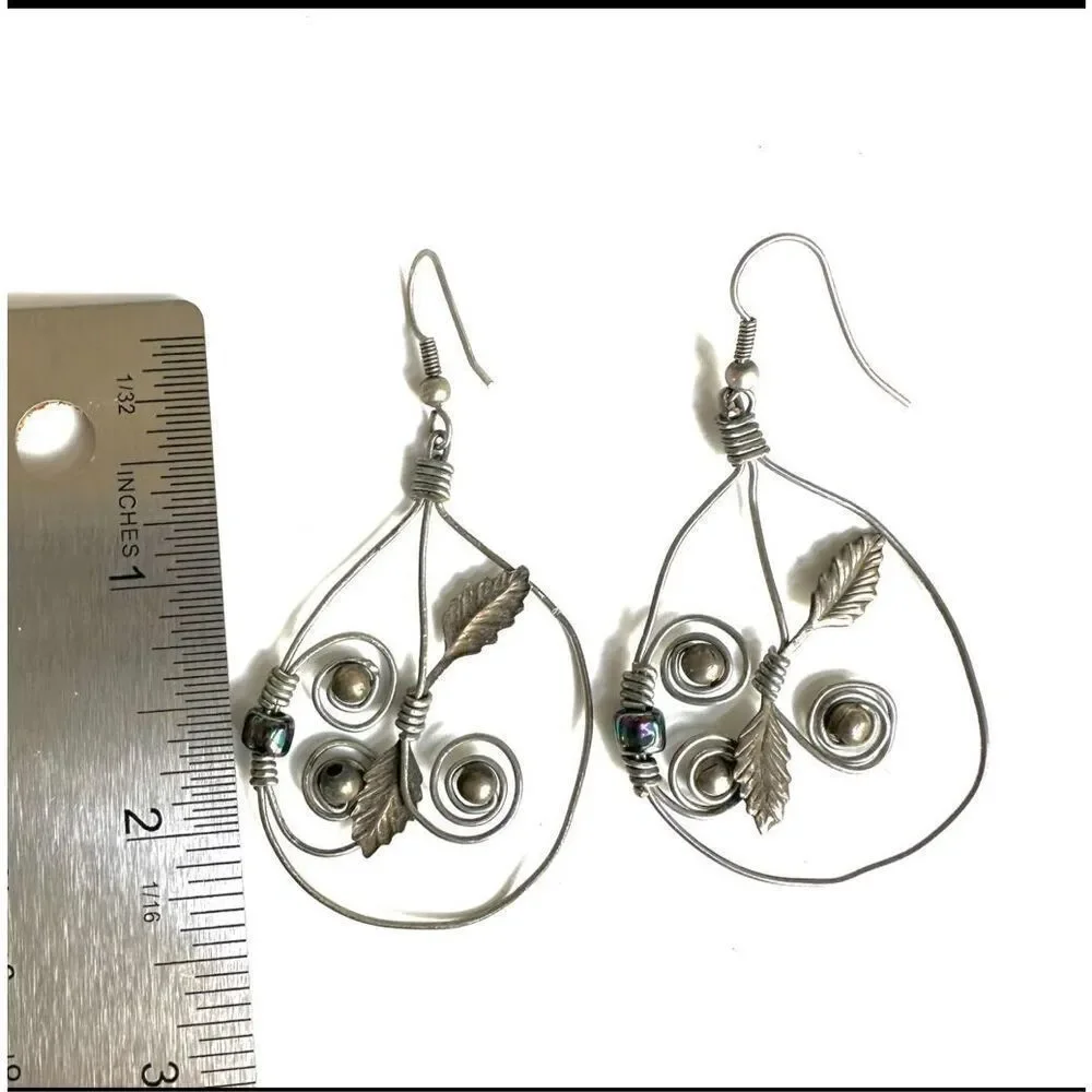 Silver tone teardrop leaf wire artisan earrings